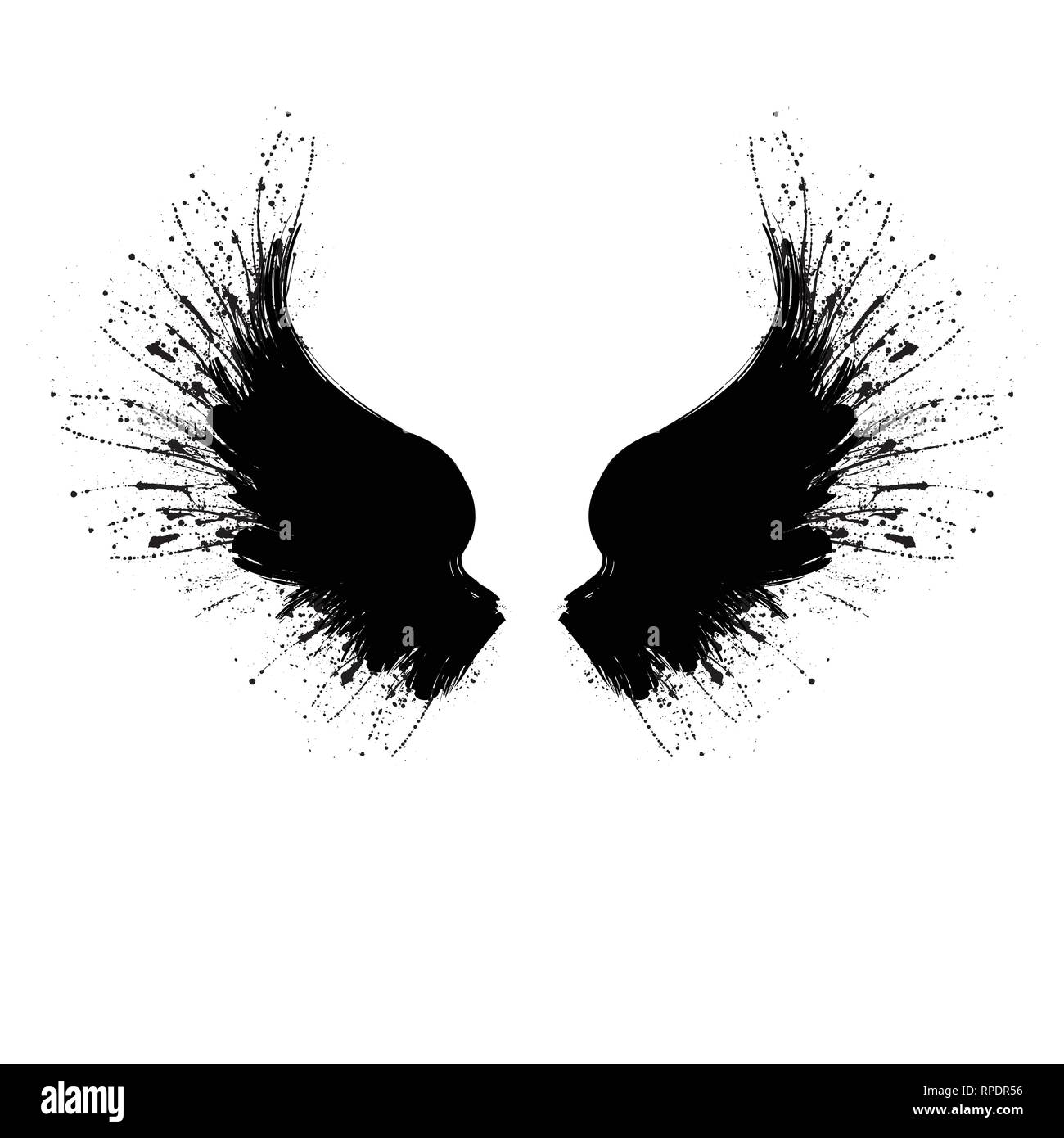 Black grunge bird wings silhouette with ink splash isolated on white