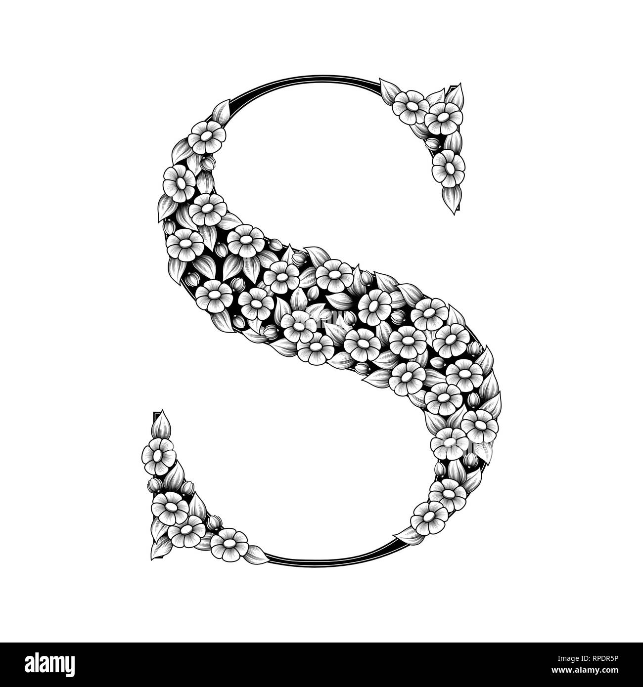 Black outline floral letter S isolated on white background Stock Vector