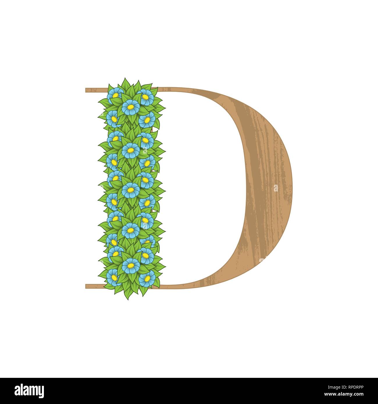 Letter D wooden texture with green leaves and flowers Stock Vector