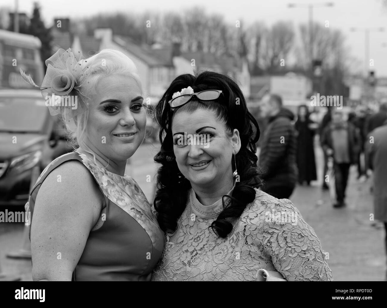 The girls are all dressed up in their finest for a day out at The Randox Health Grand National, Aintree, Liverpool UK 2018 Stock Photo