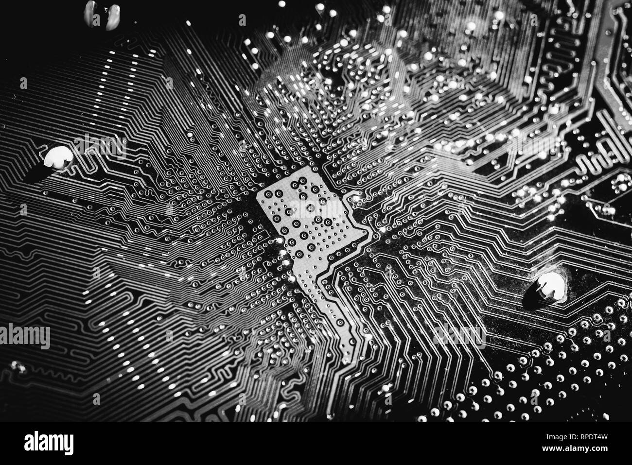 integrated circuit - many paths. details. Black and white Stock Photo