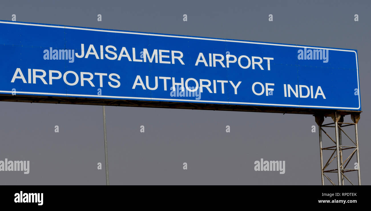 Low angle view of information sign, Jaisalmer Airport, Jaisalmer, Rajasthan, India Stock Photo