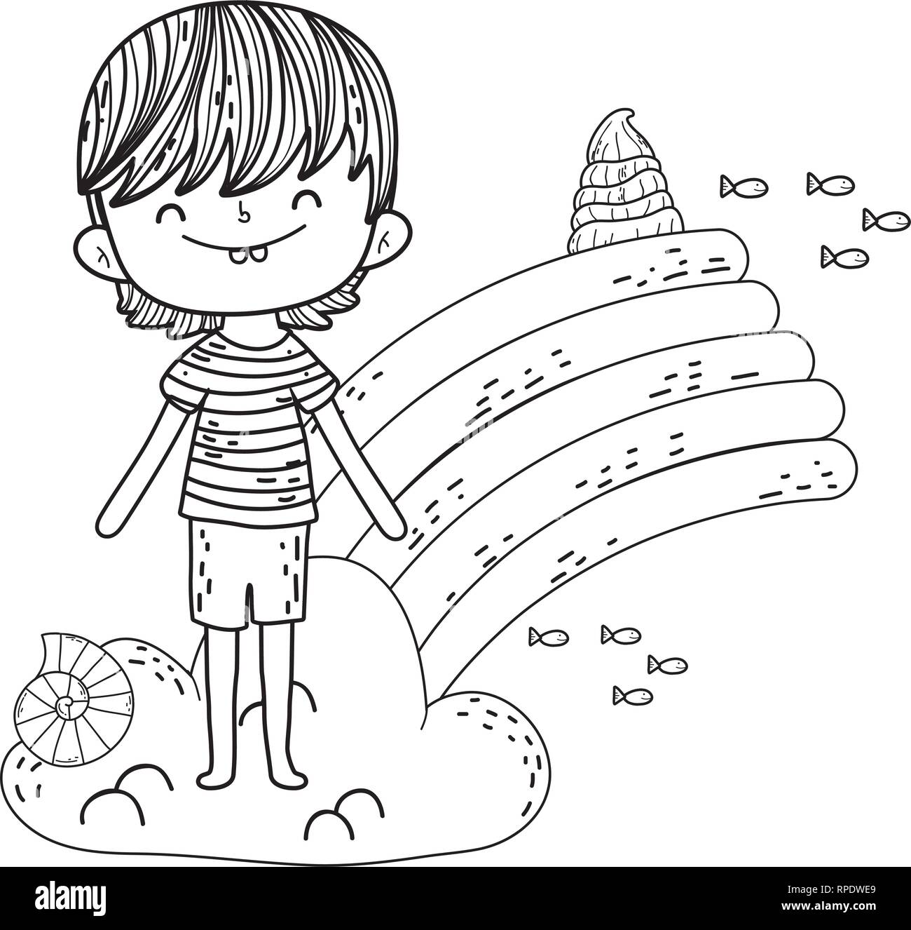 cute little boy with rainbow in clouds character Stock Vector Image ...