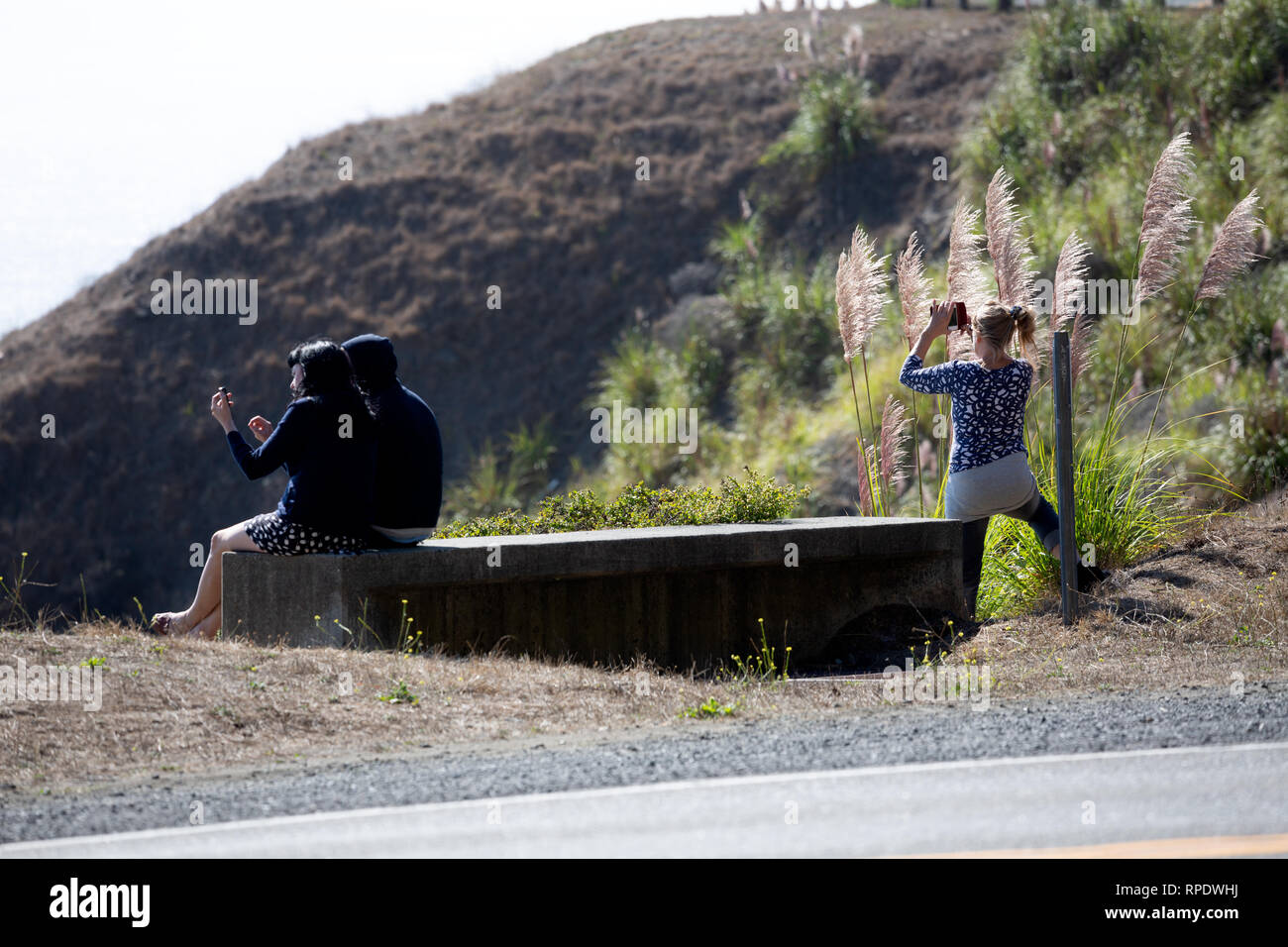 Three people on a road trip relaxing on State Route 1 (the Shoreline Highway), above Meyer Gulch, California, America Stock Photo