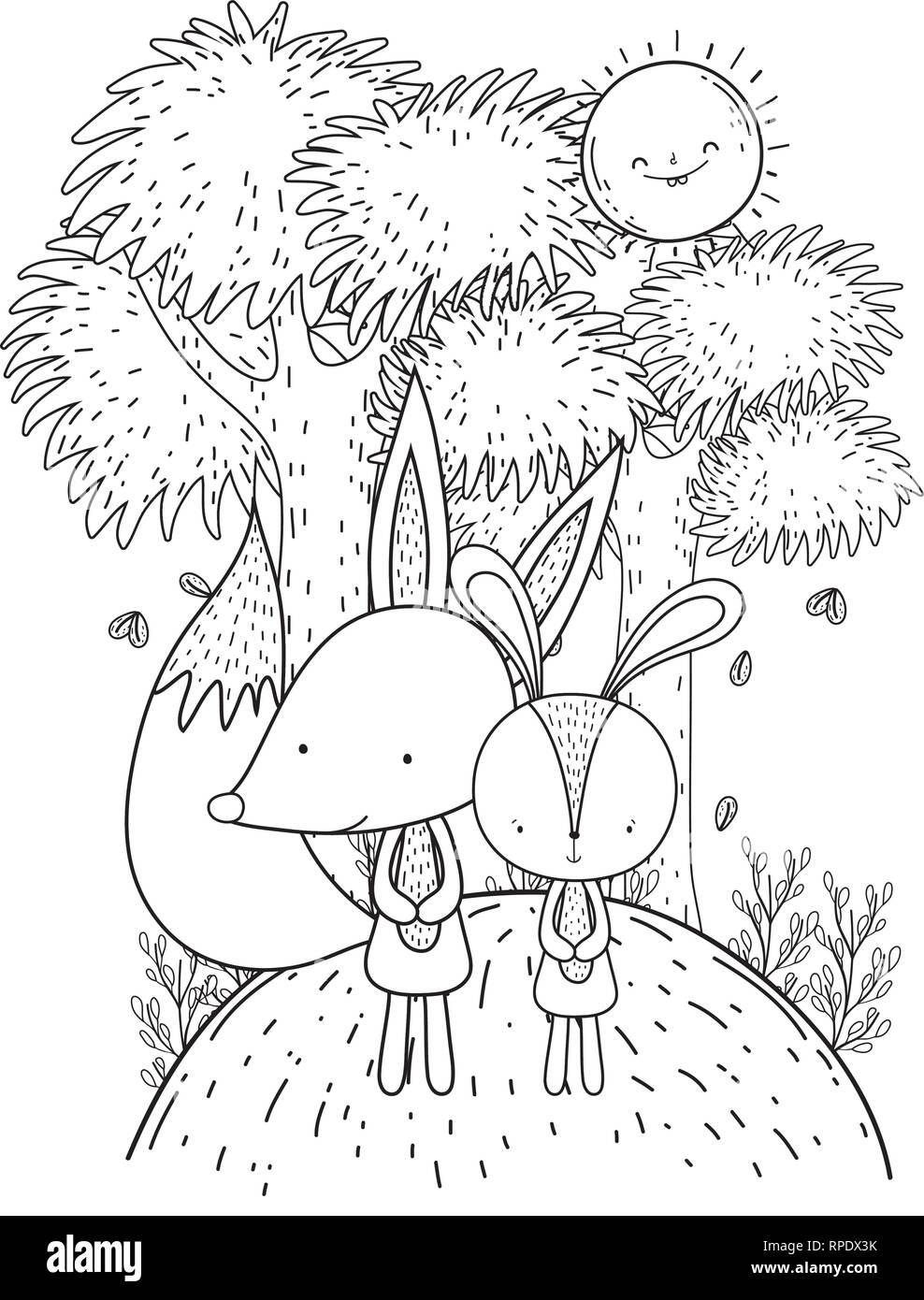 Fox And Rabbit Templete little fox and rabbit in the landscape characters Stock Vector Image ...