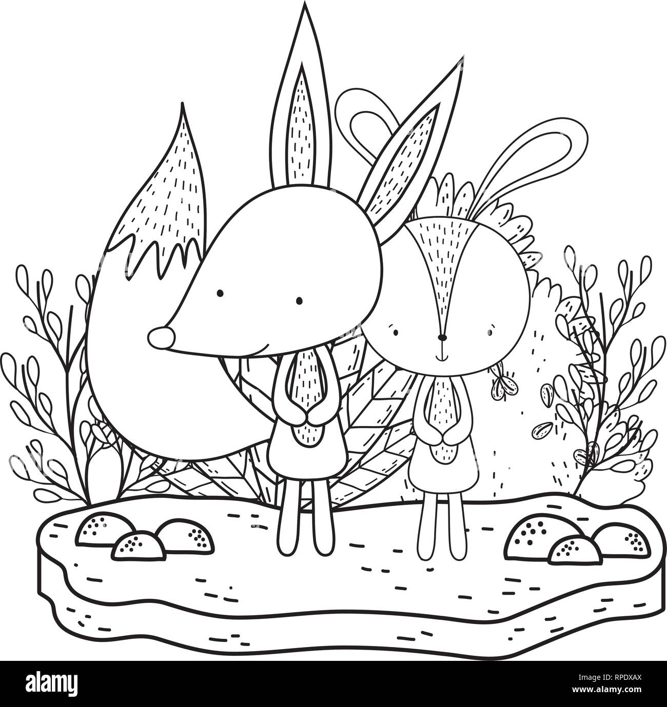 Fox And Rabbit Templete little fox and rabbit in the landscape characters Stock Vector Image ...