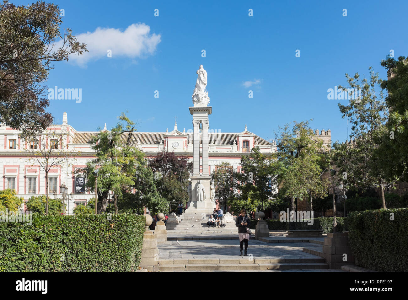 Monumento a la Inmaculada or Monument to the Imacculate in Plaza del Triunfo in Seville, Spain Stock Photo