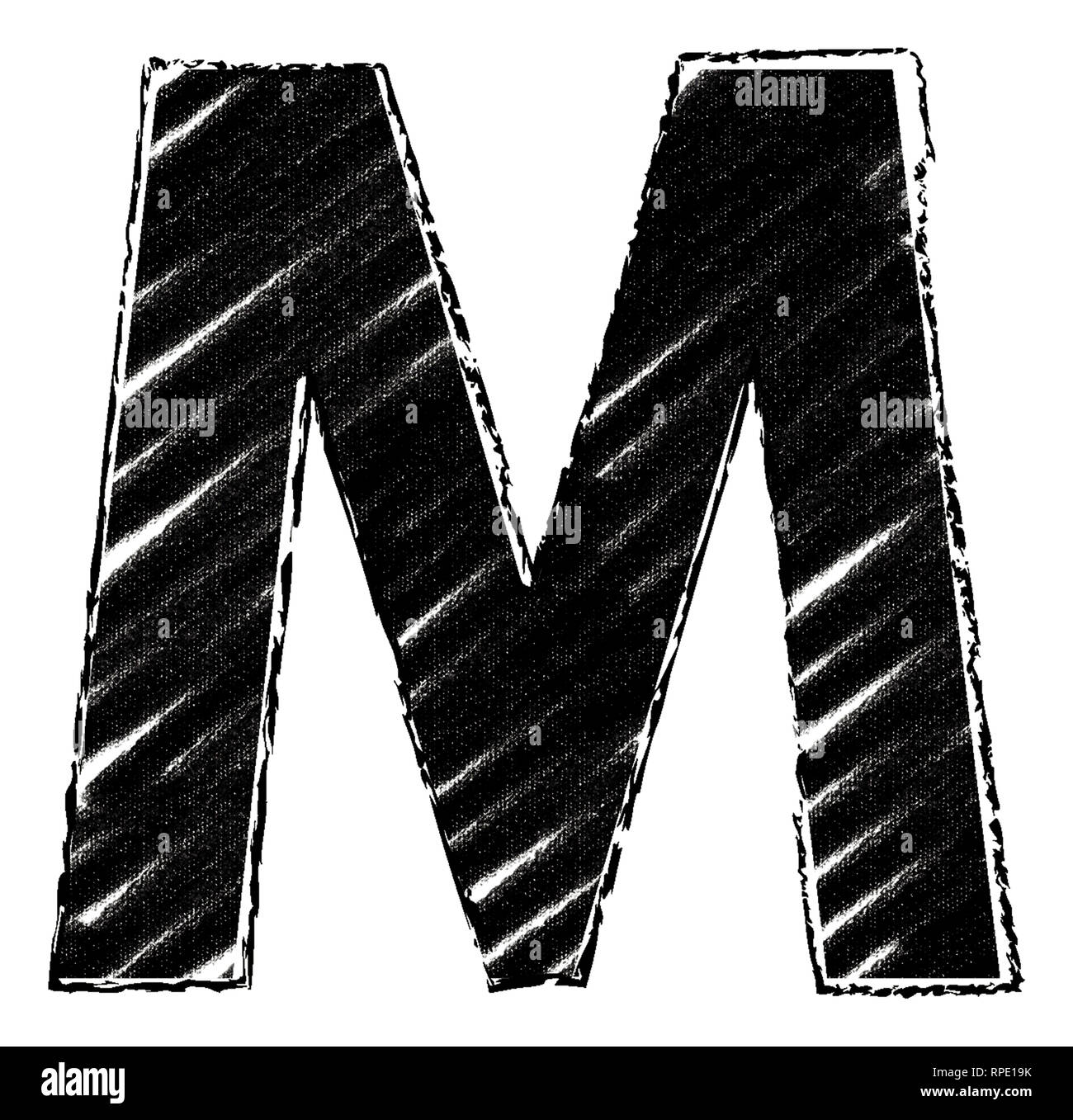 Graphic letter with brushstroke style. Letter M. Freehand drawn letter with chalk and charcoal style. Stock Photo