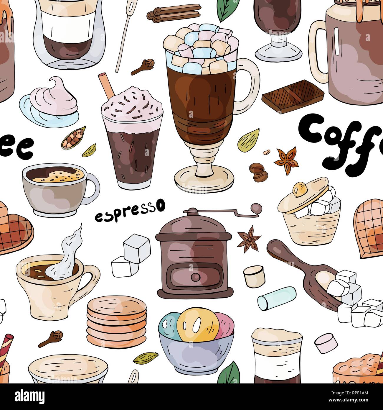 Seamless pattern with different coffee drinks ant sweats on the white background Stock Vector