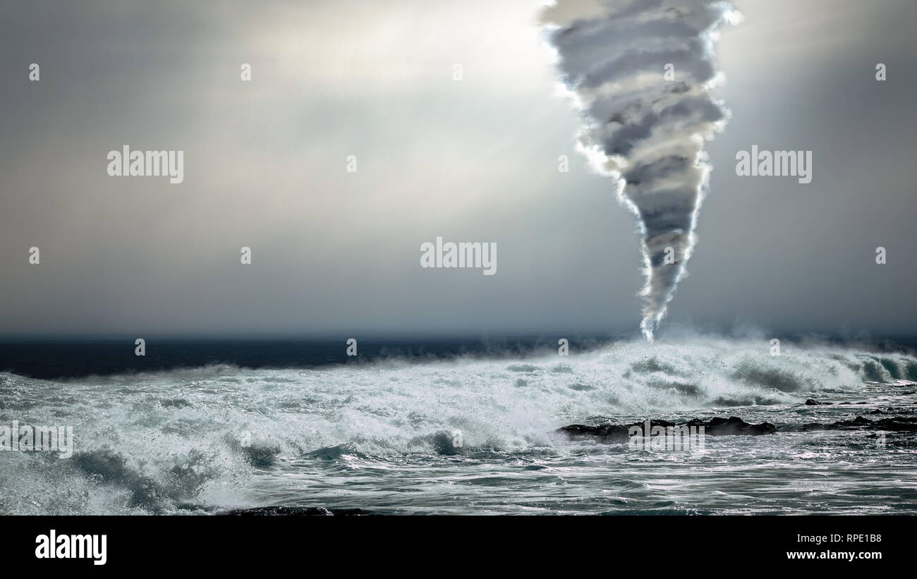 Dangerous storm with powerful tornado twister over the ocean in the background. Extreme weather, climate change and global warming concept montage. Stock Photo