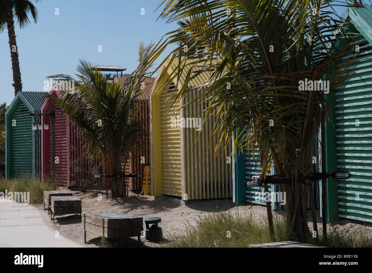 Colourful beach huts in la Mer Beach resort, Dubai Stock Photo Alamy