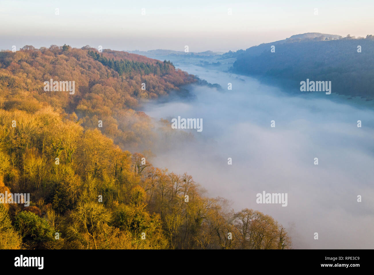 Looking down on the River Wye at Symonds Yat in Gloucestershire seen from Yat Rock  - well, not seen as it is covered in a blanket of mist. Stock Photo