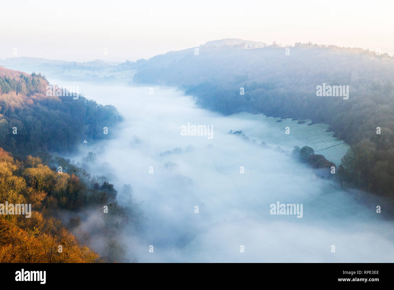 Looking down on the River Wye at Symonds Yat in Gloucestershire seen from Yat Rock  - well, not seen as it is covered in a blanket of mist. Stock Photo