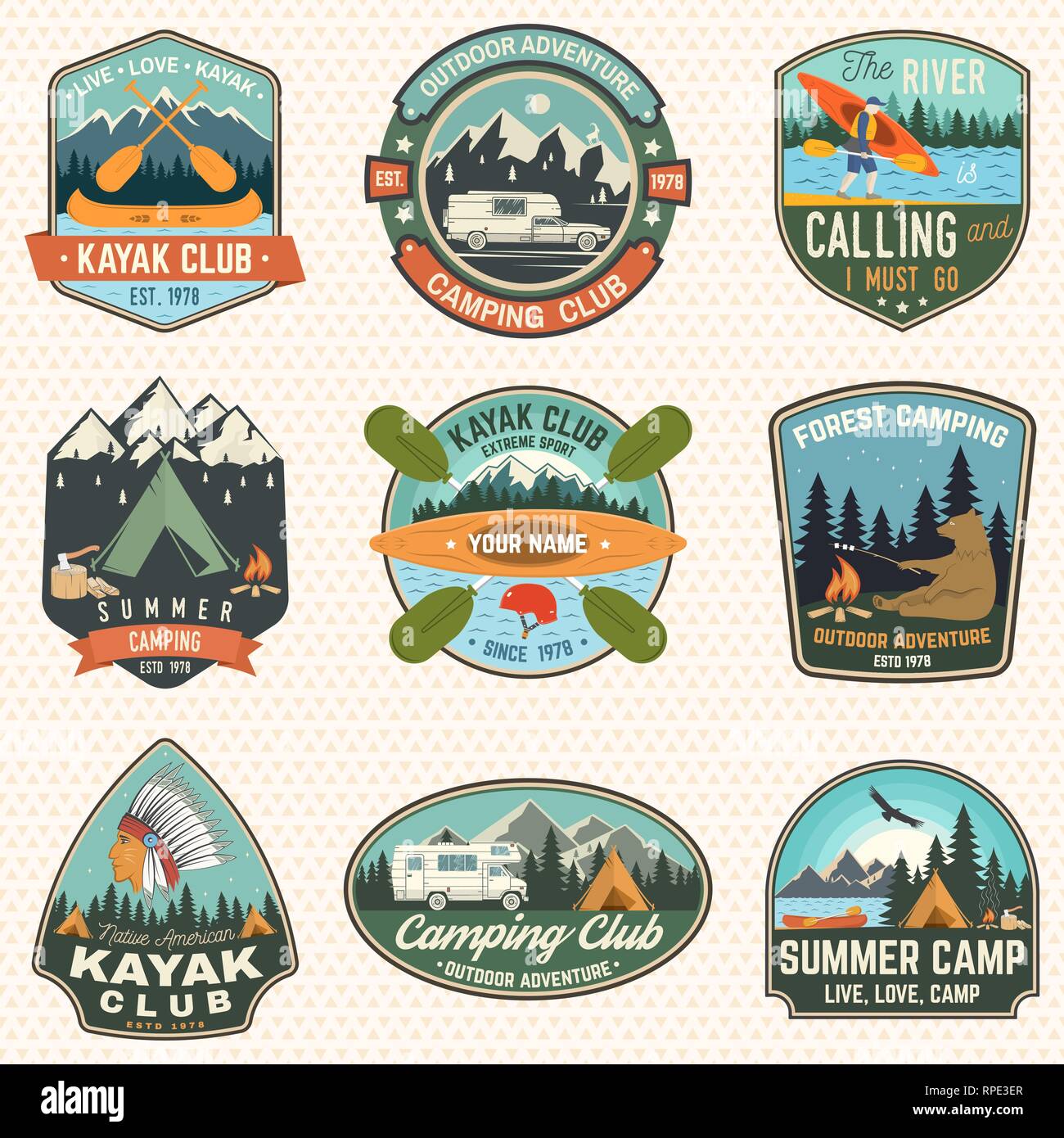 Set of summer camp, canoe and kayak club badges. Vector. Concept for patch, stamp. Retro design with camping, mountain, river, american indian and kayaker silhouette. Extreme water sport kayak patches Stock Vector