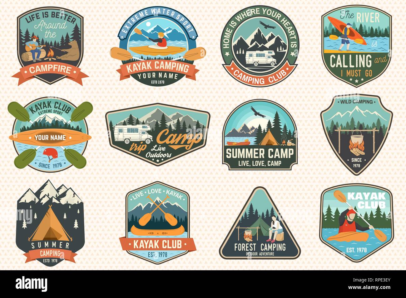 Set of summer camp, canoe and kayak club badges. Vector. Concept for patch, stamp. Retro design with camping, mountain, river, american indian and kayaker silhouette. Extreme water sport kayak patches Stock Vector