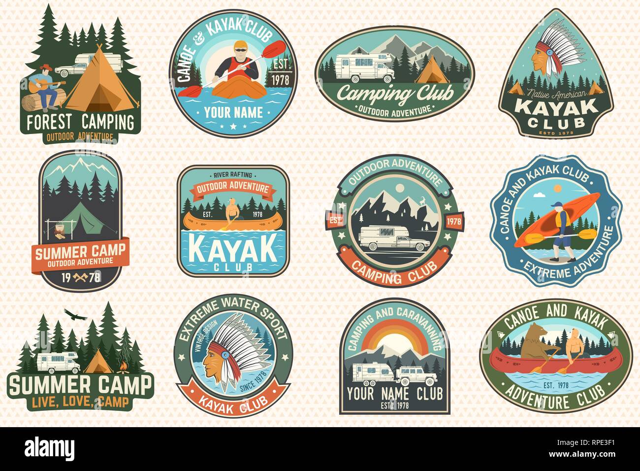 Set of summer camp, canoe and kayak club badges. Vector. For patch, stamp. Design with camping, mountain, river, american indian and kayaker silhouette. Extreme camp and water sport kayak patches Stock Vector