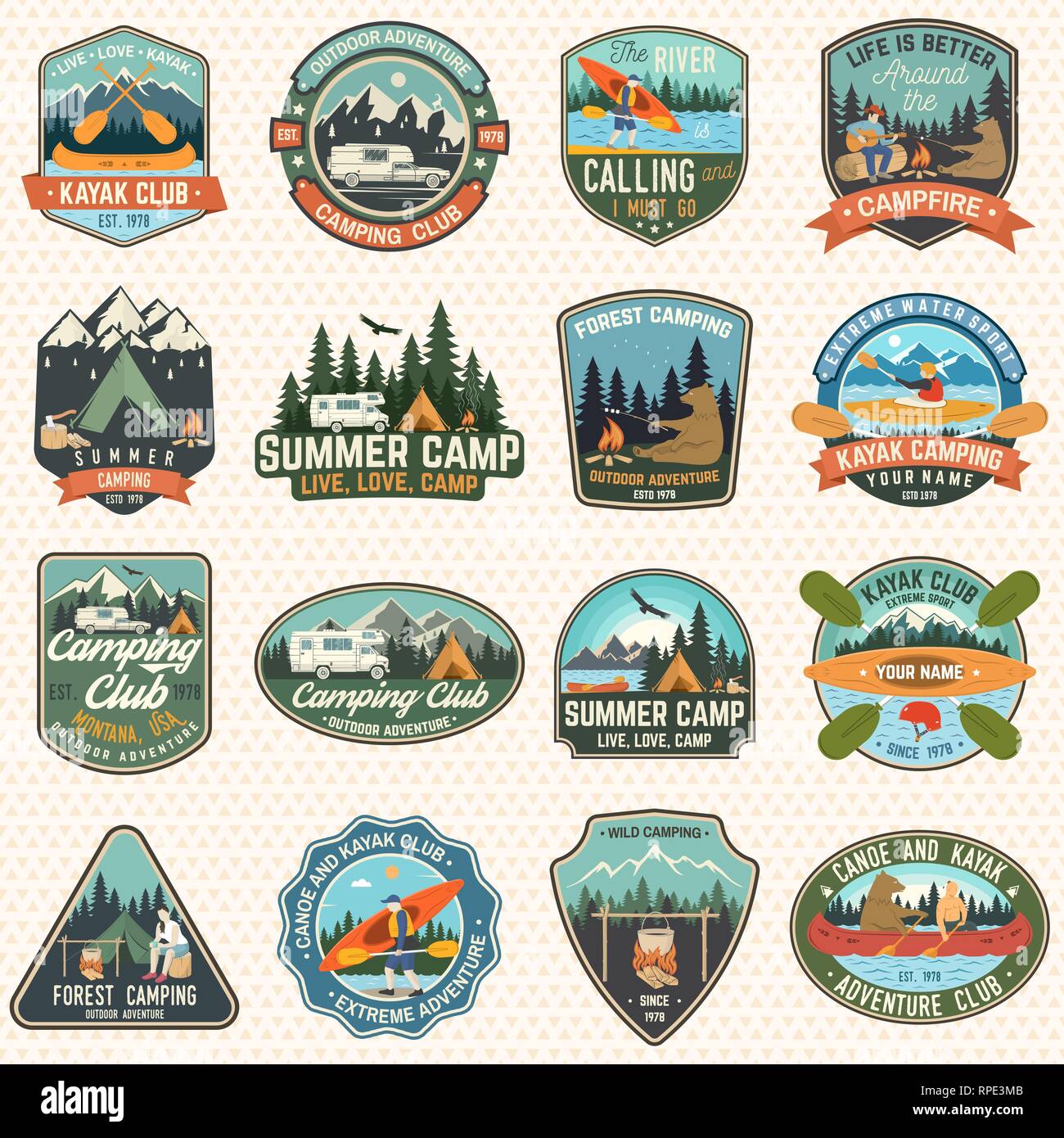 Set of camp and kayak club badges Vector. Concept for patch, shirt, print. Vintage design with camping, mountain, river, american indian, camper, kayaker silhouette. Extreme water sport kayak patches Stock Vector