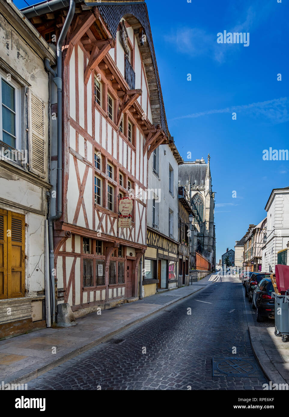 Medieval Troyes cobbled street with timber framed buildings in Troyes, France on 8 June 2015 Stock Photo