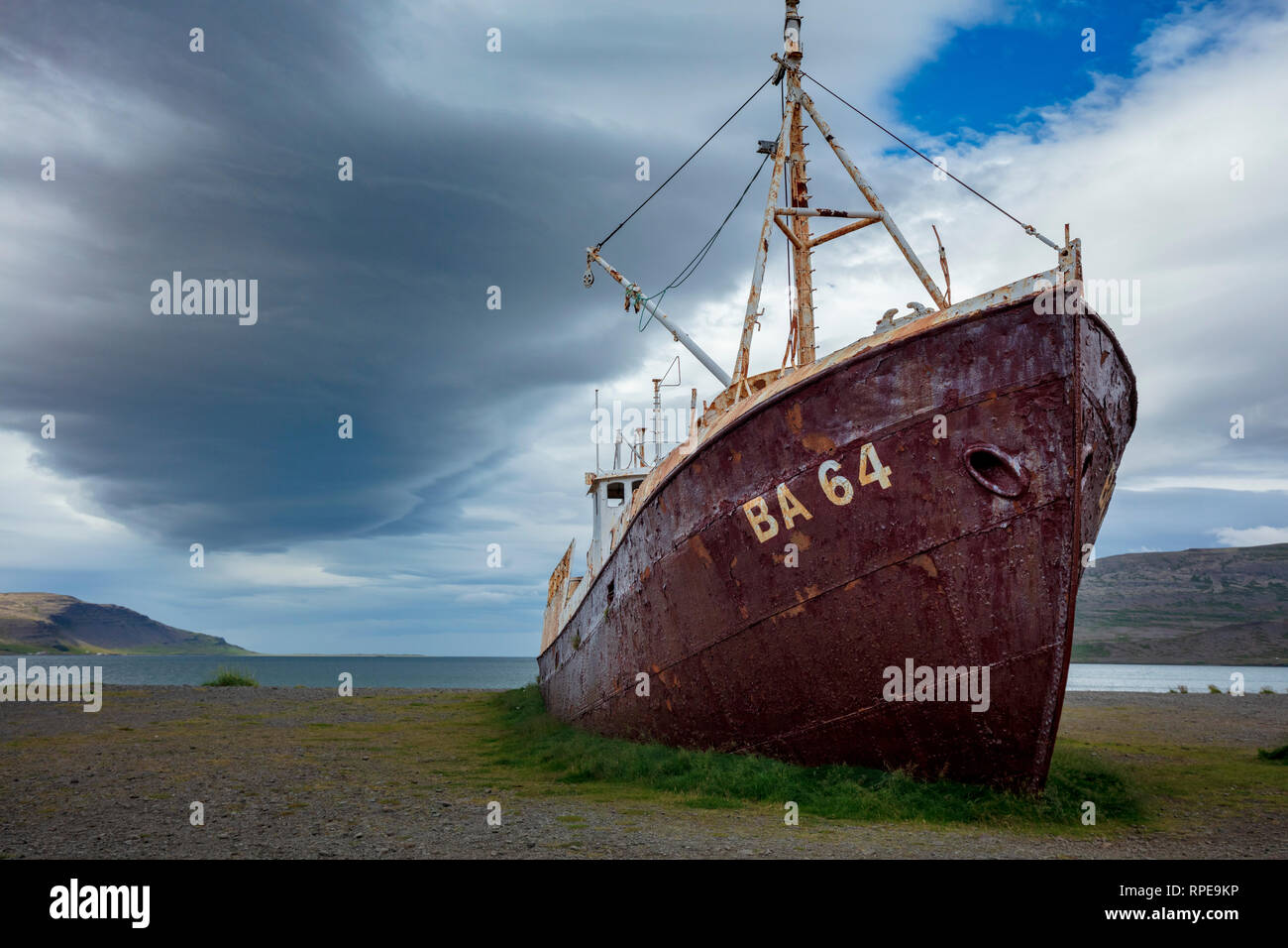 Gardar BA 64 ship wreck beached on the shore of Patreksfjordur. Westfjords, Iceland. Stock Photo