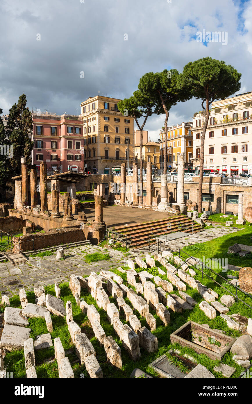 Largo di Torre Argentina is a square in Rome, Italy, with four Roman Republican temples and the remains of Pompey's Theatre. Rome. Lazio. Italy. Stock Photo