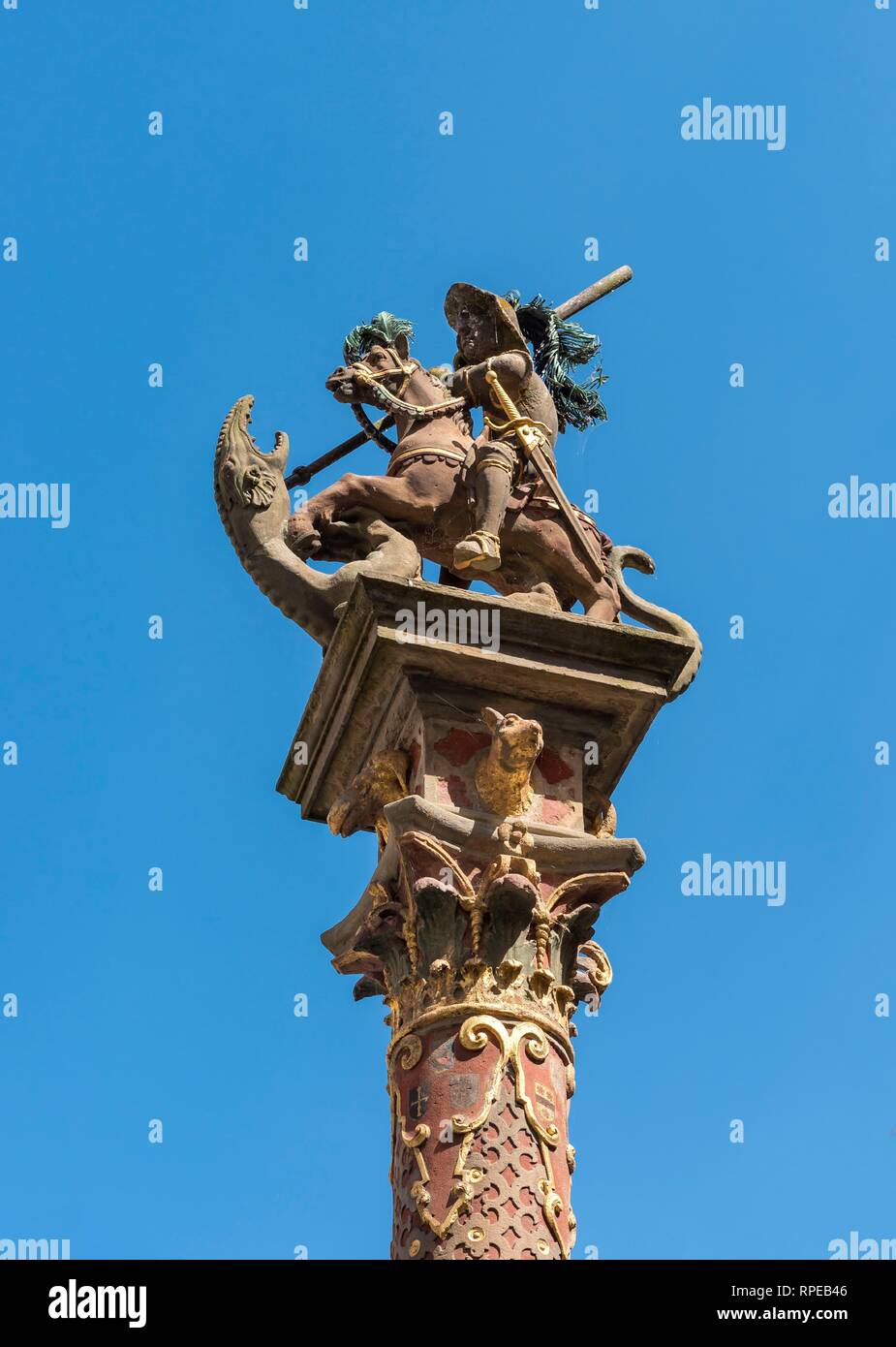 St. George Fountain, St. Georgs Brunnen, in Rothenburg ob der Tauber, Germany Stock Photo