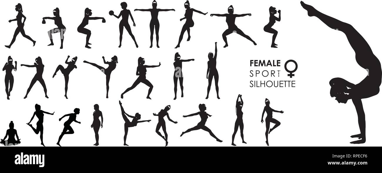 Female Women Sport, Dance, Fight Silhouette Vector 25 Set Stock Vector