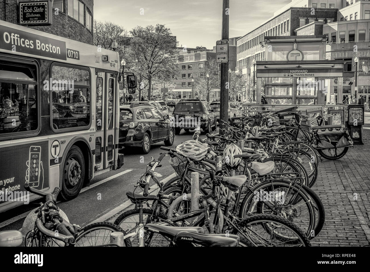 Heavy traffic congestion in Harvard Square in Cambridge, MA Stock Photo