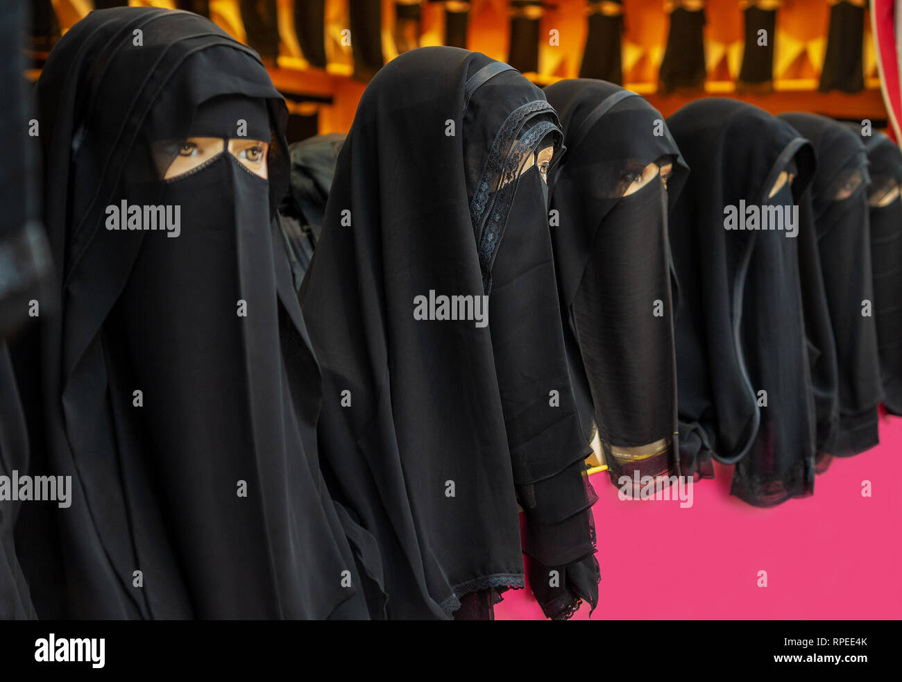 abaya fashion shop for islamic saudi woman in Dubai to cover face Stock Photo