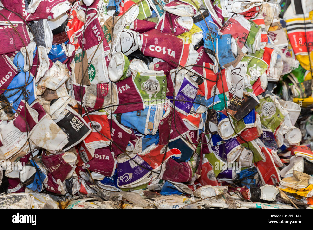 A pile of currently nonrecyclable paper coffee cups from a selection