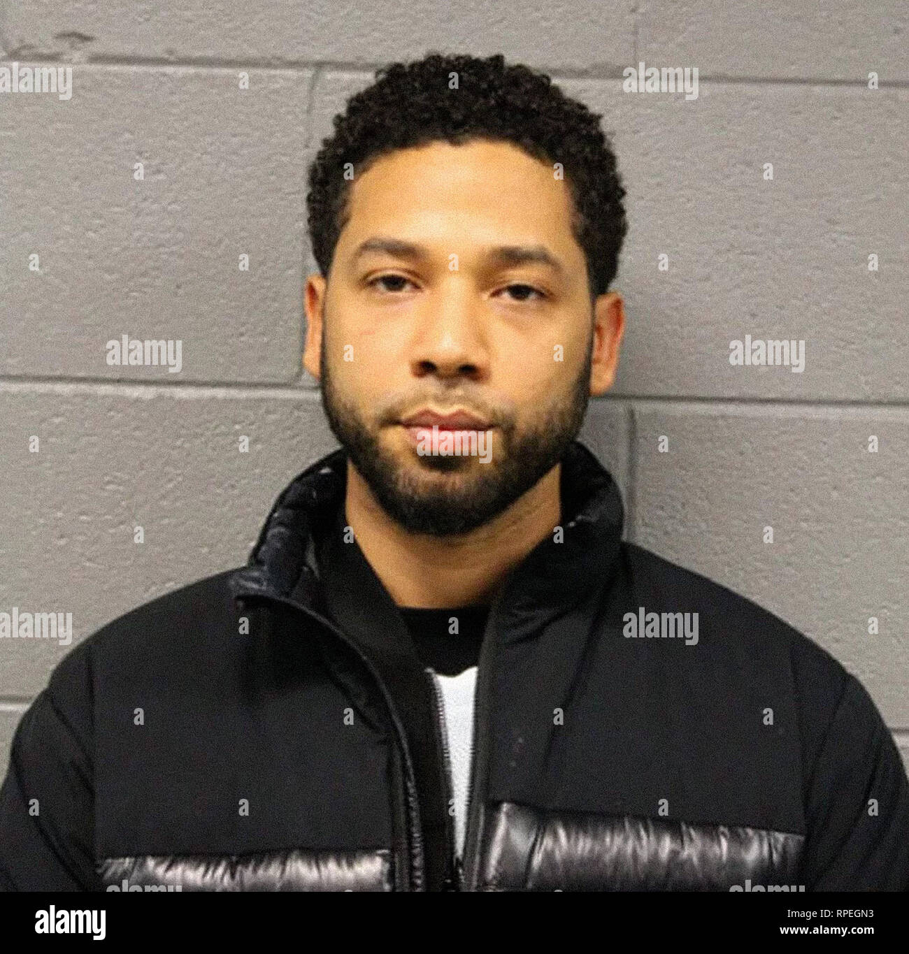 Police Mug Shot of Jussie Smollet. The 'Empire' star was charged Wednesday with the class four felony, which carries a sentence ranging from probation to up to three years in prison, according to Chicago police and the Cook County state's attorney's office. February 21, 2019. Photo Credit: Chicago Police Via The Hollywood Archive Stock Photo