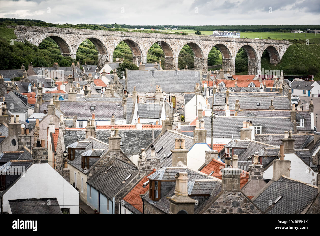 Old croft houses in Cullen, fishing village on Moray Firth, Scotland