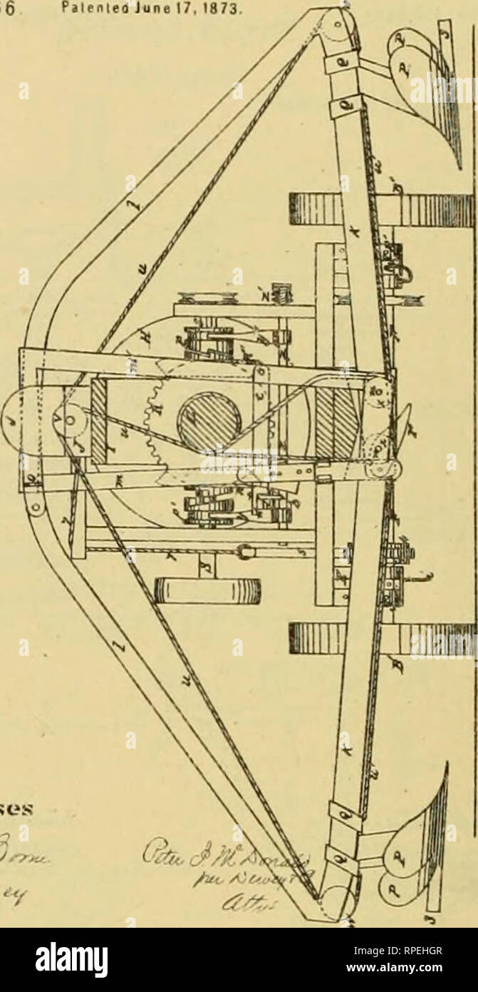 . Allen's digest of plows, with attachments, patented in the United States from A.D. 1789 to January 1883 ... Plows; Patents. Wltjiusst^s 3&quot; ''-'^  ?. I. McDonald. Steam-Plcws. No 139,966 Palenlcillcinel?. 1873. 3 Shcels--Sheet 2. R^ Witnesses. ? S1le8ls--Shee( 1. I. S. ALLEN, M P. BROWLN i C. W. KOULTHROP. Steam Plows. Nn 144.820 Pilemeil Nx. 2S, 1873. J^/&gt;^ /. Please note that these images are extracted from scanned page images that may have been digitally enhanced for readability - coloration and appearance of these illustrations may not perfectly resemble the original work.. Allen Stock Photo