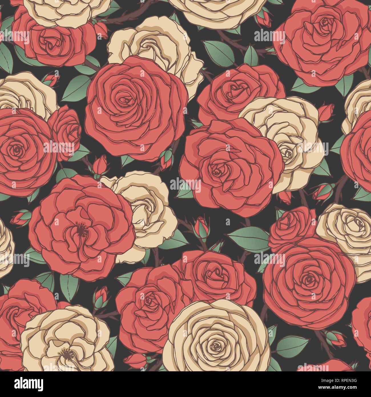 Vector seamless pattern with red and yellow rose flowers and leaves on ...