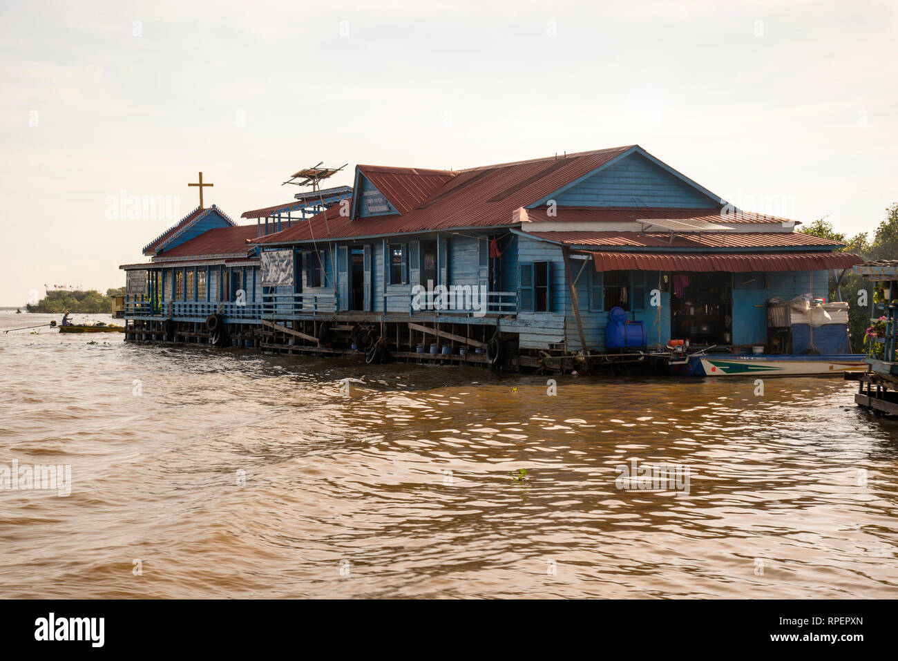 Roman Catholic Floating Church of Chong Khneas on Tonle Sap Lake, Cambodia, home to thousands of Vietnamese Cambodian subsistence fishermen Stock Photo