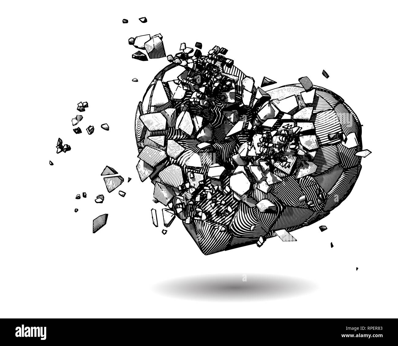 Monochrome broken heart with pen and ink drawing illustration style on ...