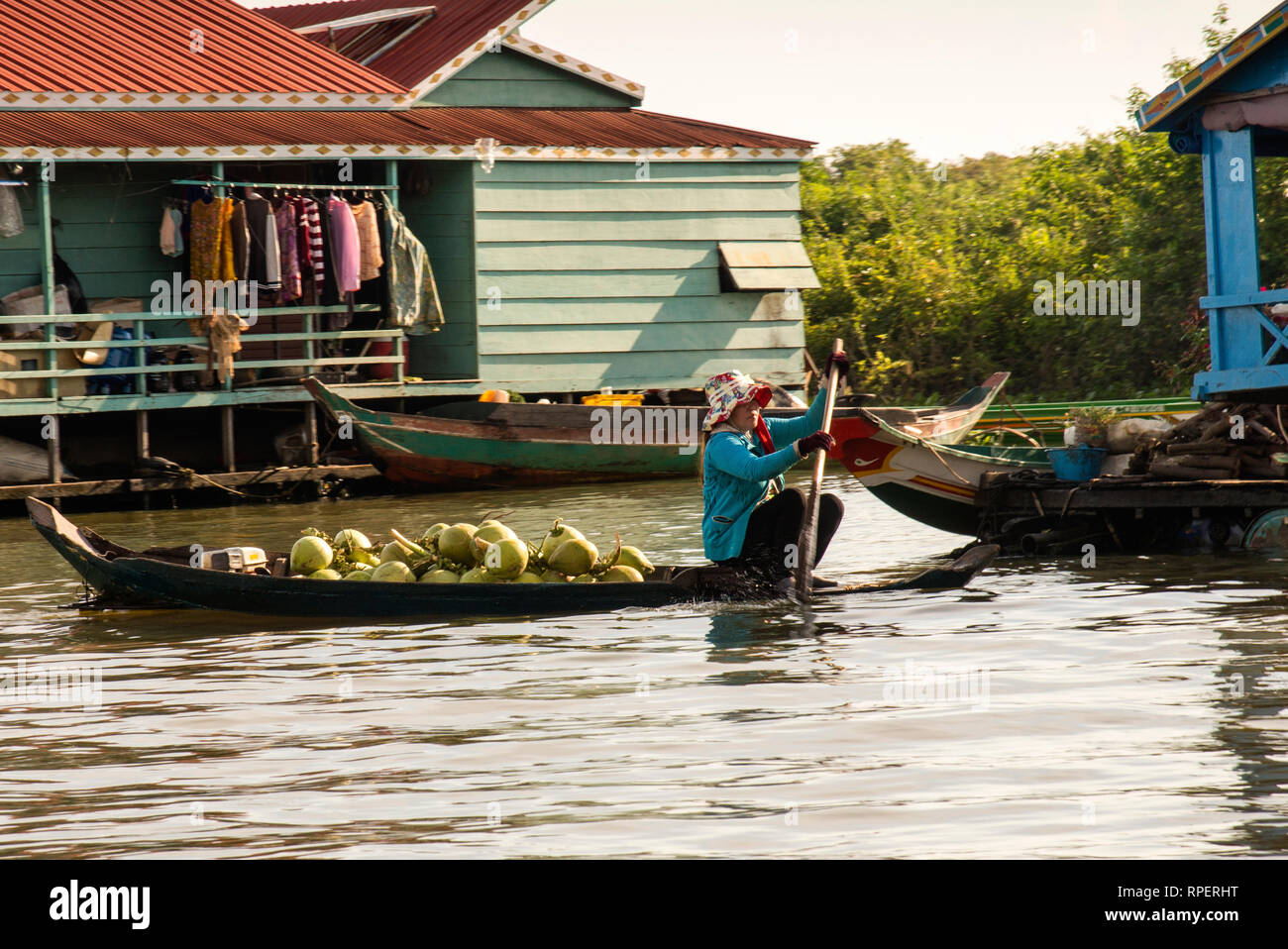 Floating village of Chong Khneas on Tonle Sap Lake in Cambodia. Stock Photo
