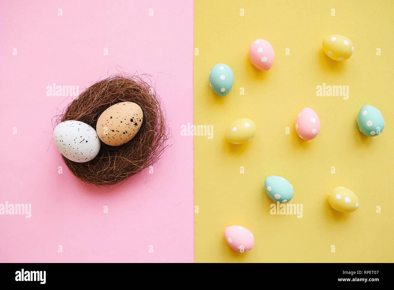 Traditional Easter eggs on a colorful background. Easter celebration background. Stock Photo
