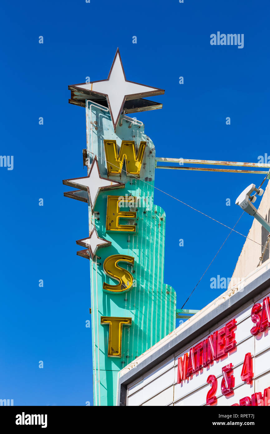 Sign for West Theatre along Historic Route 66 in Grants, New Mexico, USA [No property release; available for editorial licensing only] Stock Photo
