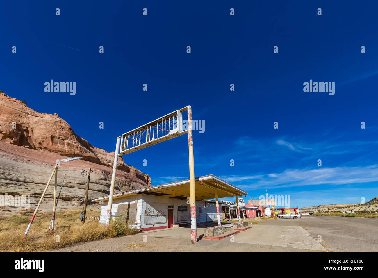 Closed gas station along the strip of trading posts and souvenir shops