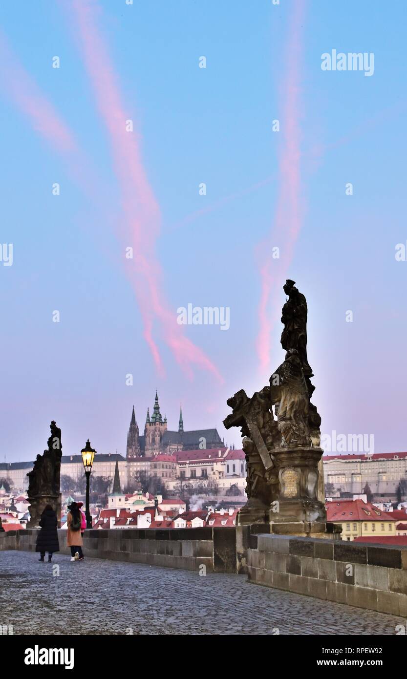 Statues on the iconic Charles Bridge in Prague, vertical Stock Photo