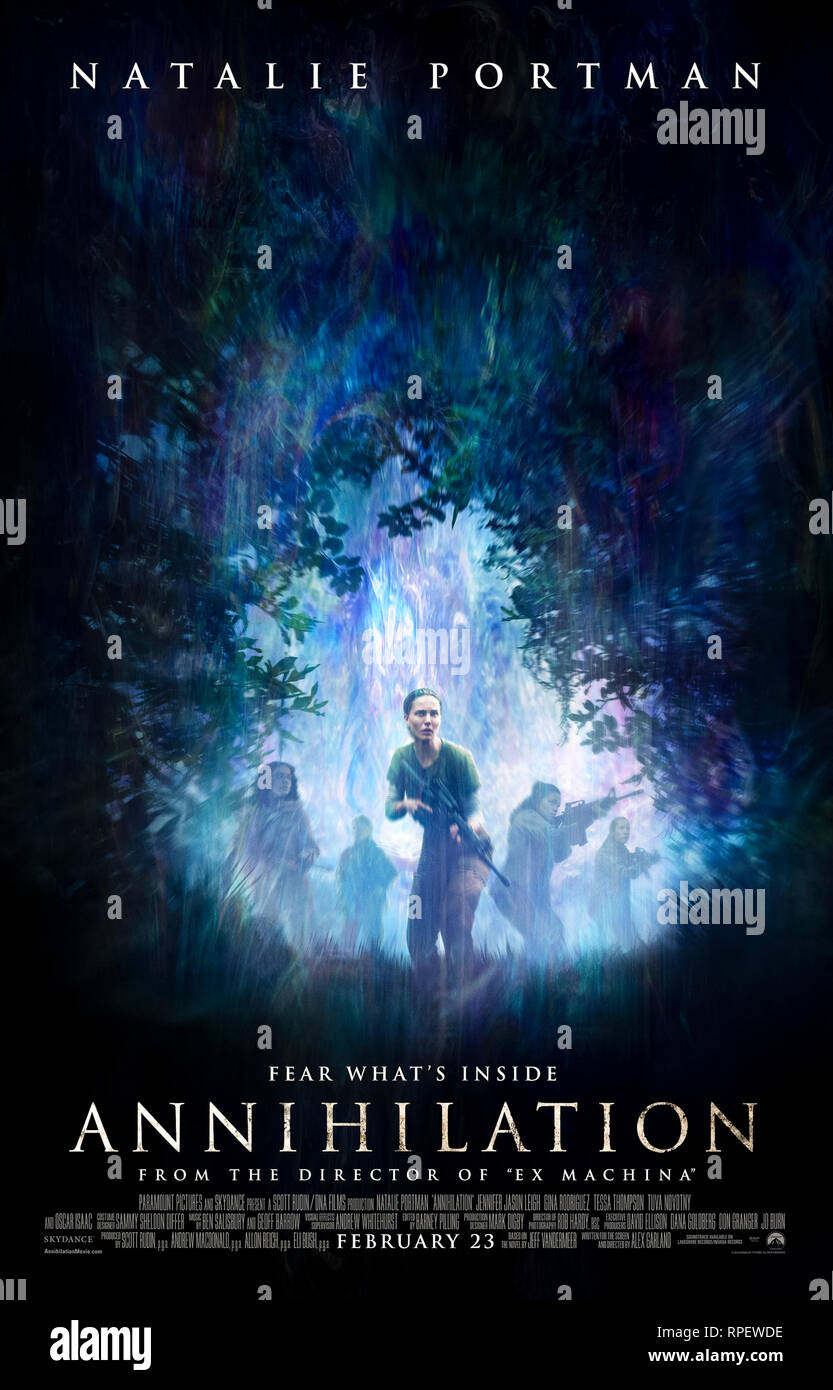 Annihilation (2018) directed by Alex Garland and starring Natalie Portman, Jennifer Jason Leigh and Tessa Thompson. Adaptation of Jeff VanderMeer novel about a biologist who volunteers for a seemingly one way mission to investigate an ever-growing zone where the laws of nature no longer apply. Stock Photo