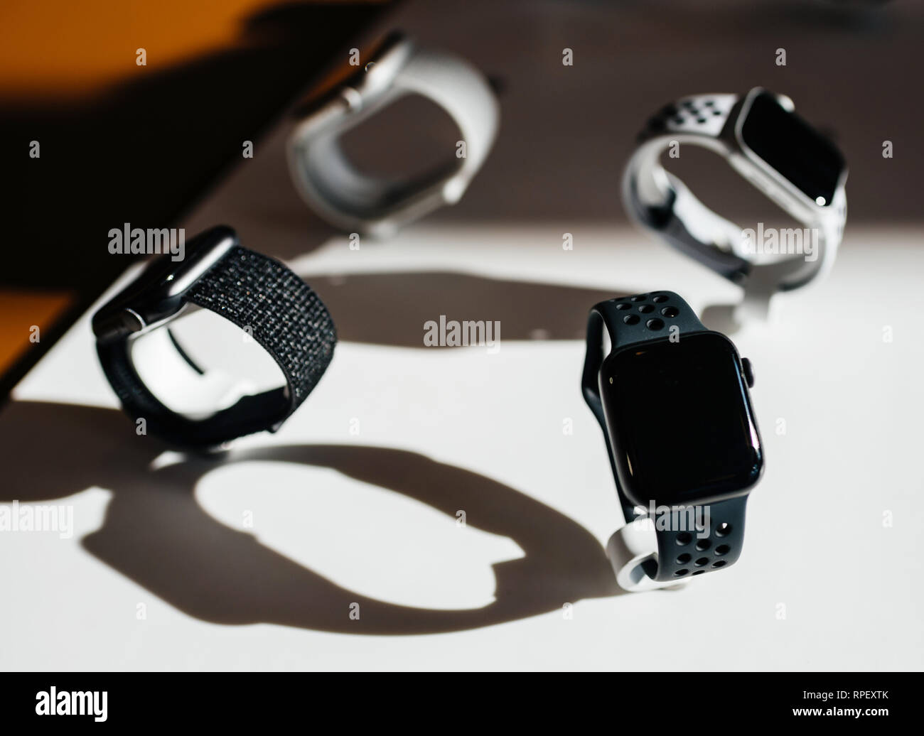 PARIS, FRANCE - OCT 26, 2018: Hero object of the latest Apple Watch Series  4 in Apple Store Computers - focus on Nike version sport watch Stock Photo  - Alamy