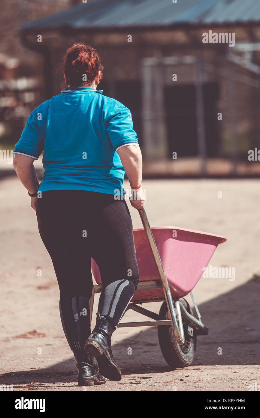 Caucasian lady pushing wheelbarrow Stock Photo Alamy