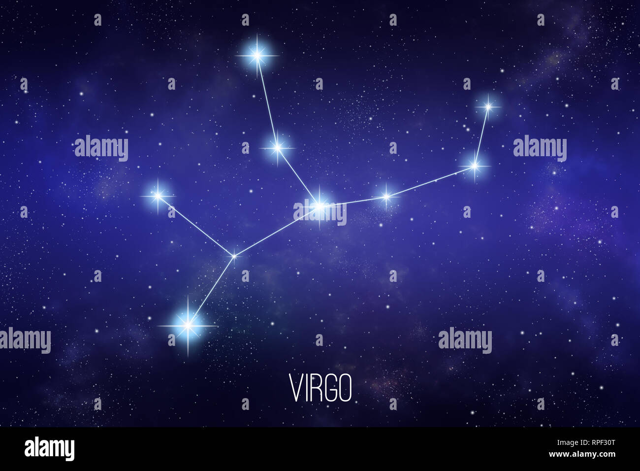 Virgo zodiac constellation on a starry space background with lettering ...