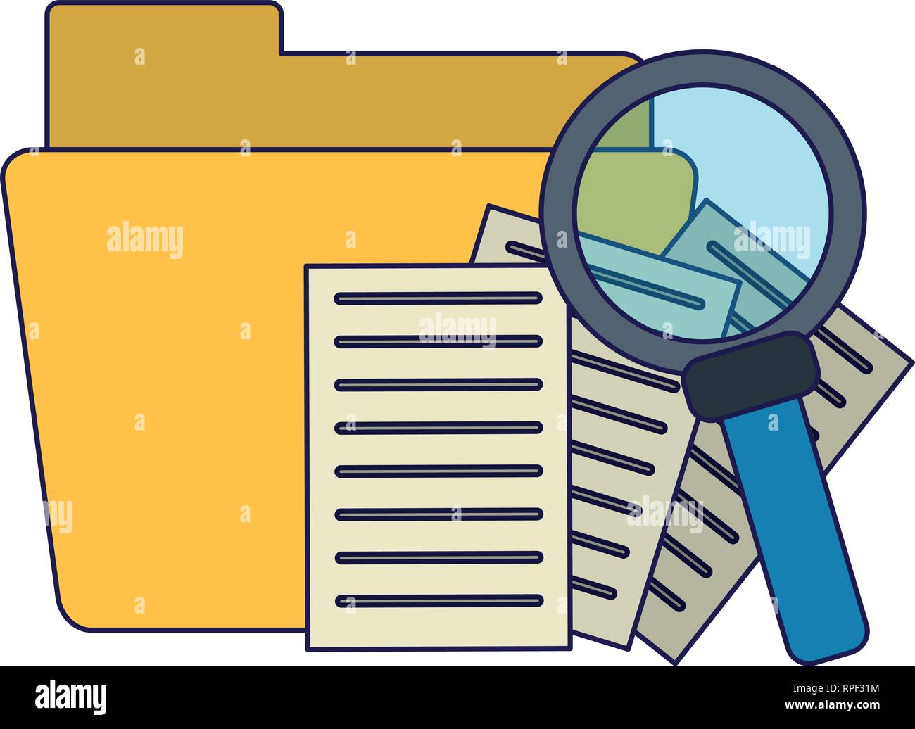 Folder with documents and magnifying glass blue lines Stock Vector ...