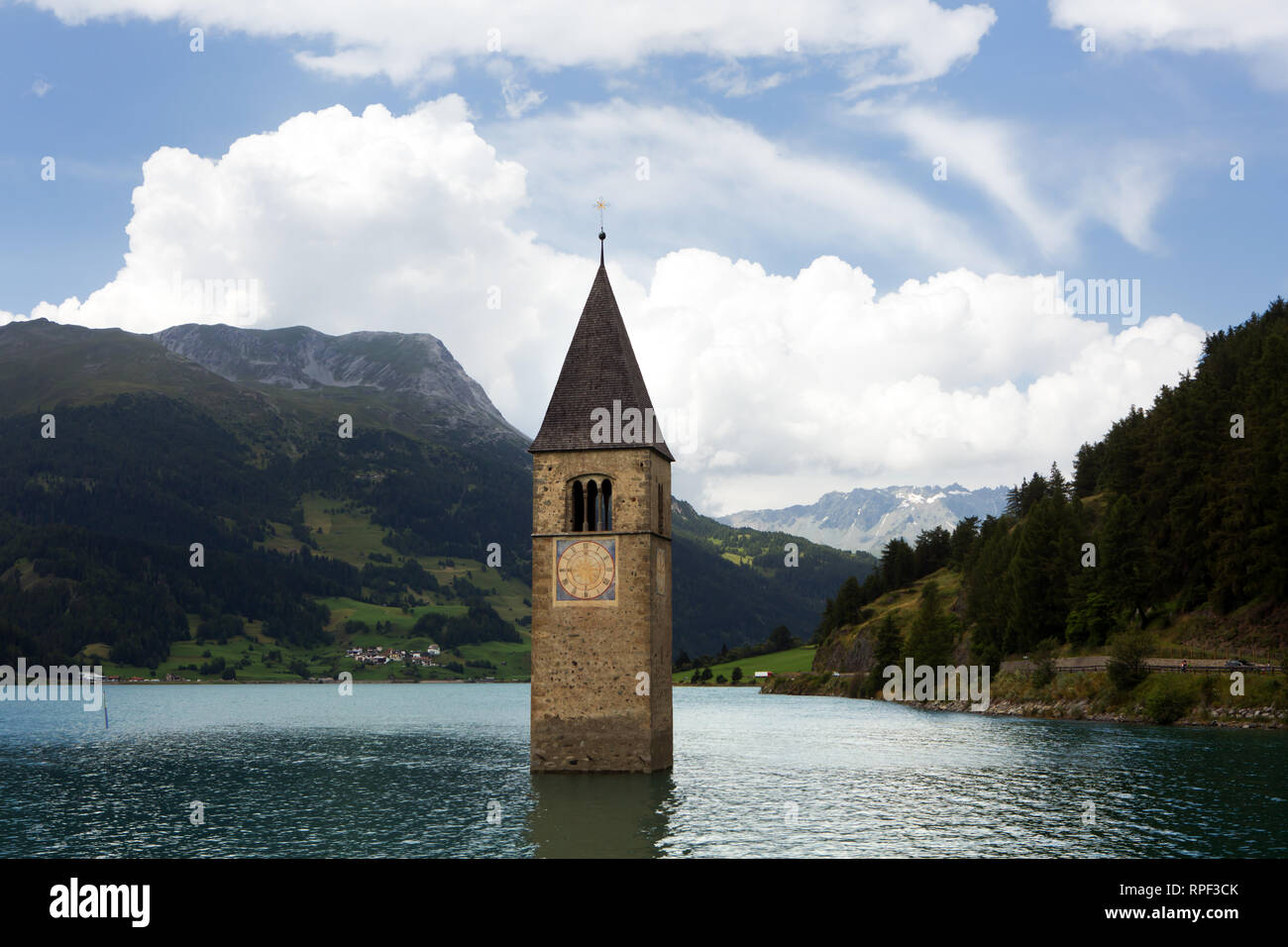 LAGO DI RESIA - The submerged church of  Curon in South Tyrol, close to the borders of Austria and Switzerland. Stock Photo