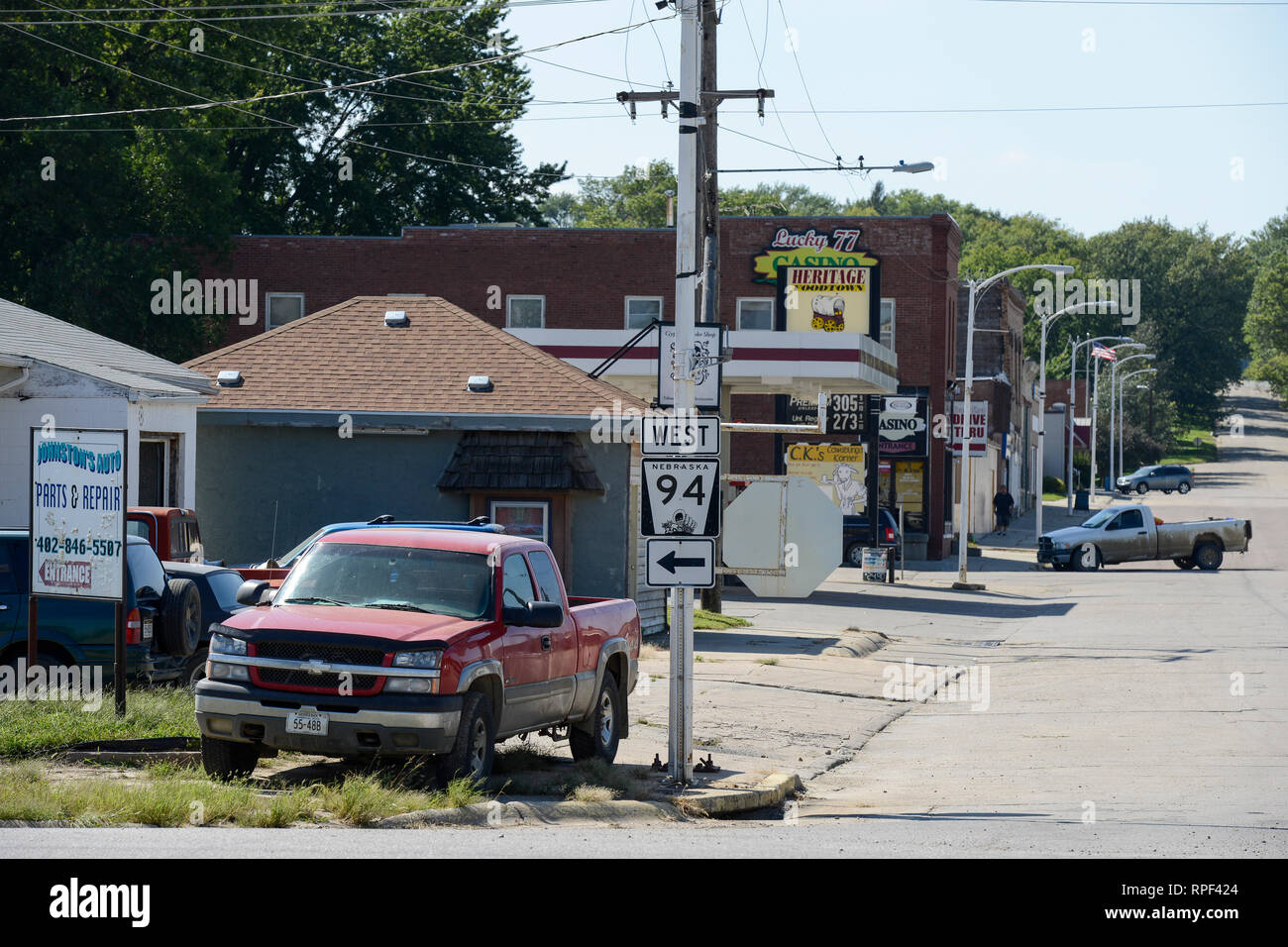 USA, Nebraska, Omaha Reservation, town Walthill, fuel station and Casino Lucky 77 Stock Photo