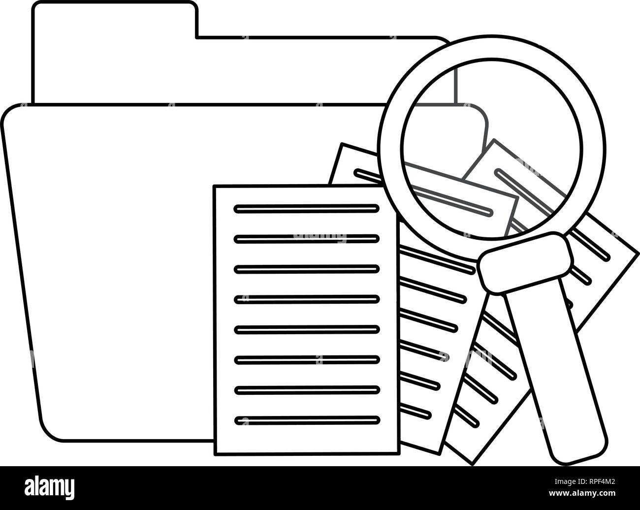 Folder with documents and magnifying glass black and white Stock Vector ...