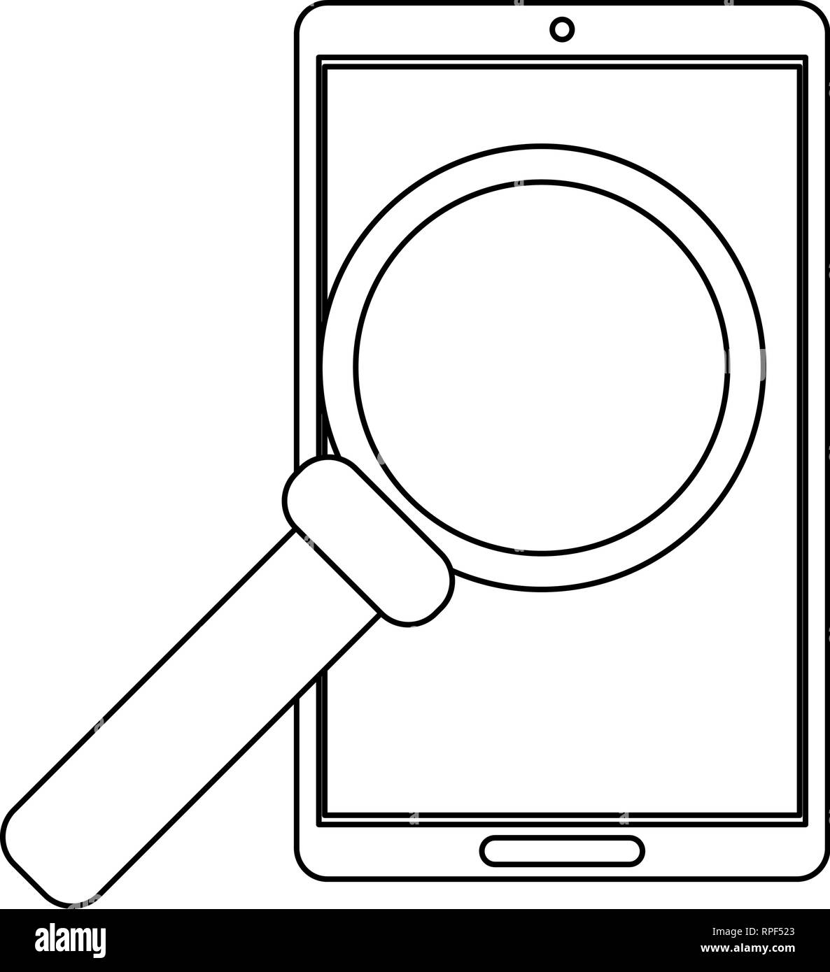 Smartphone mobile and magnifying glass black and white Stock Vector ...