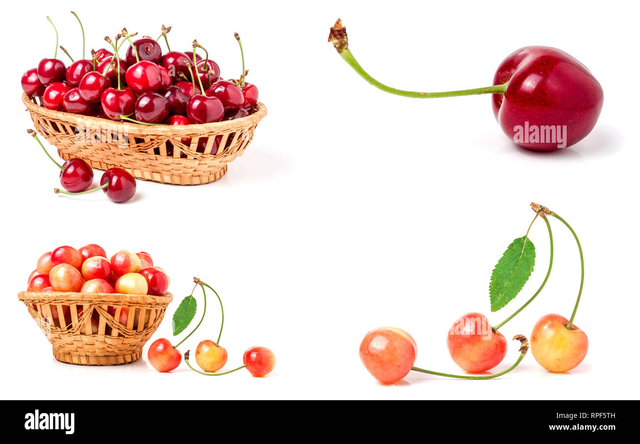 Red and yellow sweet cherry isolated on white background. Collection or ...